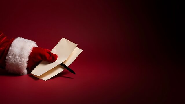 Santa claus hand holding a blank letter envelope against a deep red background, for christmas holiday, greetings and festive, winter season mail concepts