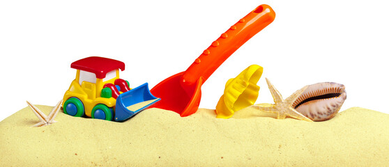 Children play with toy truck and shovel in sand with seashells and starfish © fotofabrika