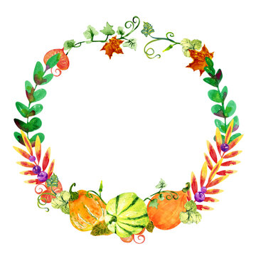 Watercolor autumn wreath frame with pumpkins and leaves, isolated on a white background
