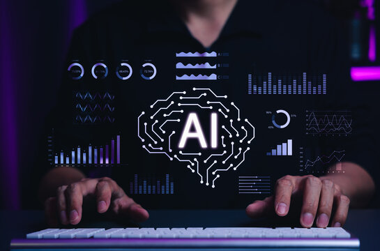 AI business analytics and financial data technology concept. Person using computer with artificial intelligence brain, digital dashboard, investment statistics charts, algorithm forecast, smart report