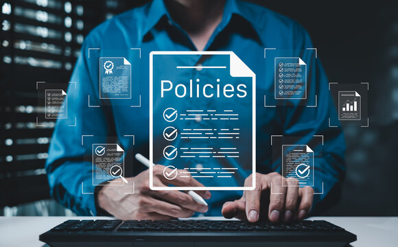 Policy management and corporate compliance concept. Businessman reviewing digital documents, representing governance, procedures, audit readiness, risk control, quality assurance, business standards,