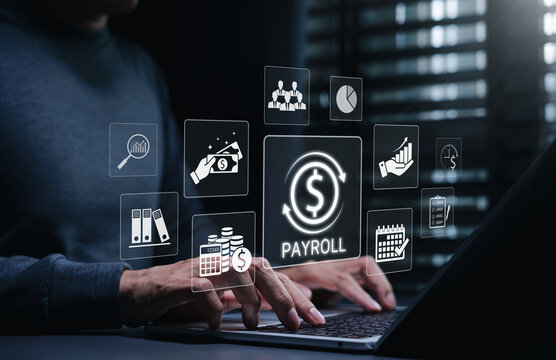 Payroll management and employee compensation concept. Person using laptop and payroll software, finance service, salary processing system, workforce payment, accounting benefits, budgeting, compliance