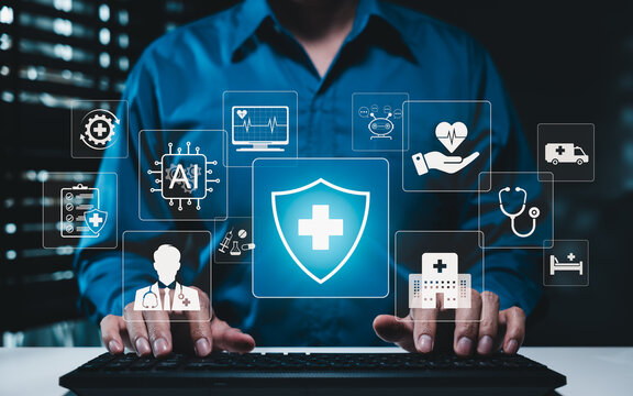 AI healthcare and digital medical technology concept. Person typing on keyboard and health interface, clinical support, diagnostics, patient care, hospital services, automation, medical innovation