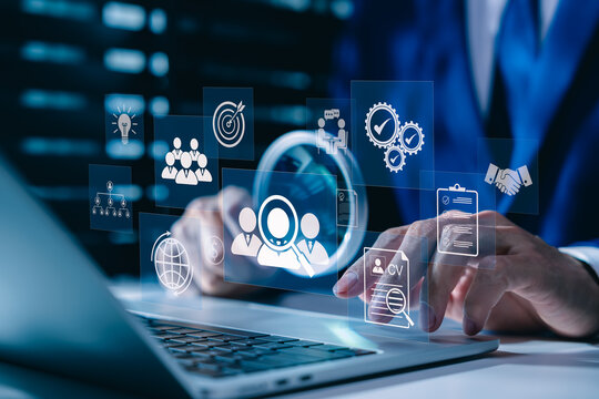 HR, job search concept. recruitment process, Digital icons representing recruitment, headhunting, career development, skills, education, qualification, interview, application, hiring, human resources,