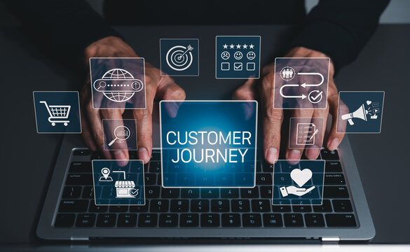 Customer journey mapping and marketing experience strategy concept. Digital icons of client satisfaction, online shopping cart, brand loyalty touchpoints, targeting, consumer review, retail sales