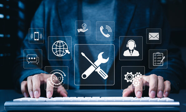 Technical support and customer service concept. Digital icon representing technical support, customer service, and 24/7 assistance. Business technology solutions for global support, service management
