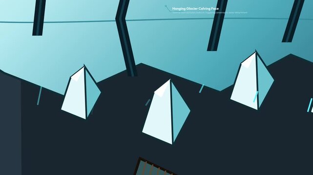2D infographic animation of a glacial lake outburst flood cataclysm showing glacier calving moraine dam rupture debris mudflow surge with ice boulders and timber destroying a high altitude hamlet