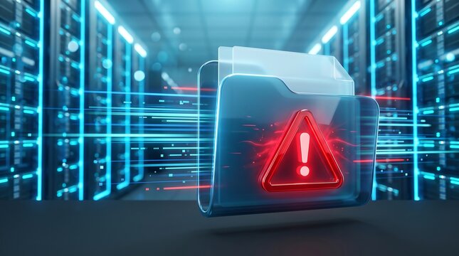 Digital document folder displaying a red warning hazard triangle icon against a background of high speed fiber optic data streams in a server room environment