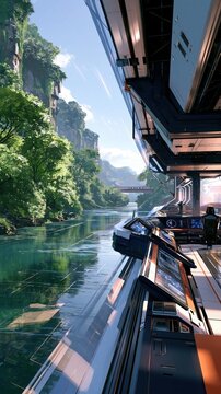 Futuristic aquatic transport glides through a lush, verdant canyon.