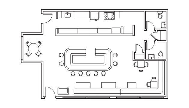 Pub and restaurant floor plan set with center island bar kitchen prep area and customer seating architectural vector line art blueprint