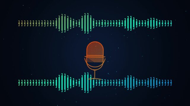 Pulsating teal audio waveforms, colorful stylized microphone icon, animated sound visualization, digital audio spectrum design, minimal vector graphic, dark blue background