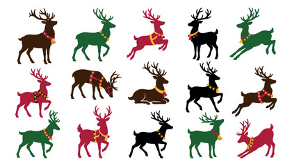 Colorful reindeer collection in various poses during winter holidays with festive bells and collars for celebration © MonoMark Icons