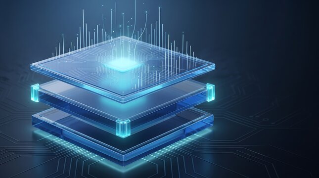 Advanced digital processor chip with glowing light data streams and vertical fiber optic connections representing high performance computing and motherboard hardware architecture tech