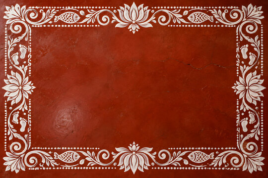 Traditional Indian cultural art features intricate white painted motifs of lotus flowers, sacred fish symbols, and auspicious footprints creating an ornate rectangular decorative border