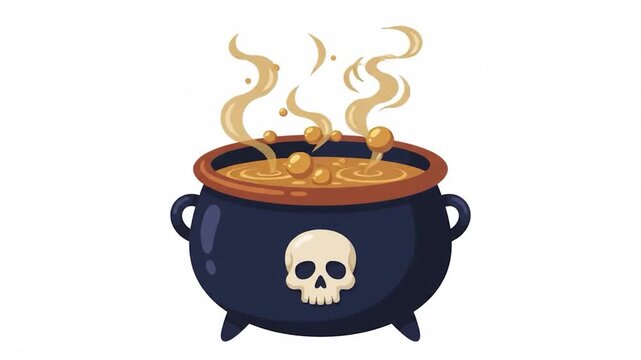Cartoon Witch Cauldron With Steaming Magic Potion and Skull Icon.