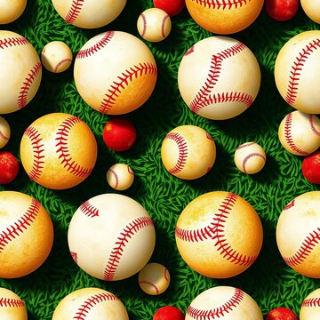 Baseball-inspired seamless pattern featuring various ball designs and textures, ||baseball, sports equipment