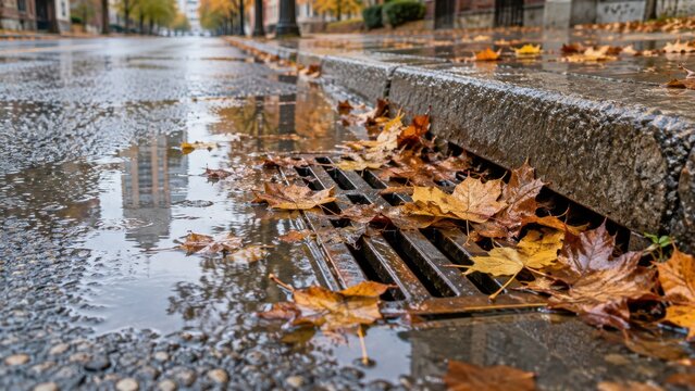 Fallen Autumn Leaves Blocking Roadside Storm Drain After Rain