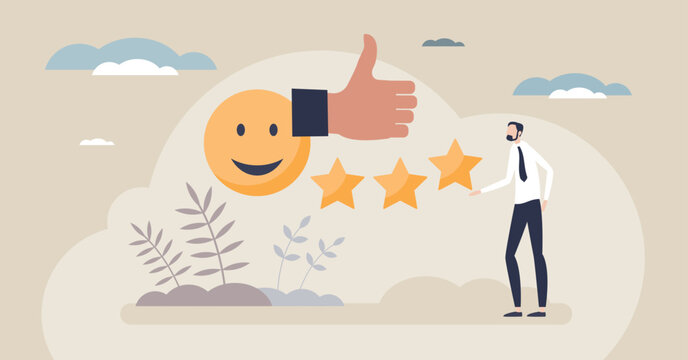 Employee experience visualized with smiley, stars, and a thumbs-up as a manager recognizes great work and strong feedback, signaling satisfaction and engagement. Tiny style