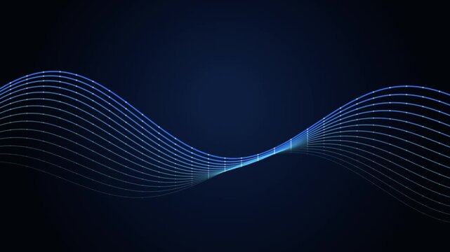 Futuristic digital glowing blue wave animation moving smoothly on dark background featuring dynamic tech data stream and modern audio equalizer frequency visualization loop for network technology