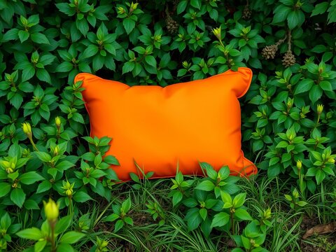 Cozy orange camping pillow surrounded by lush greenery, scenery, ||orange