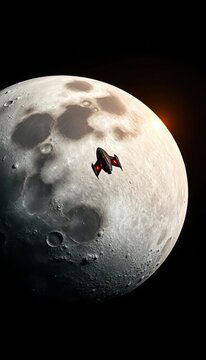 Cratered moon surface with spaceship approaching, maze, adventure