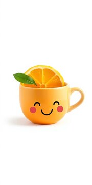 Cute orange tea cup with lemon slice and happy face isolated on white background, Citrusy, Morning Mood