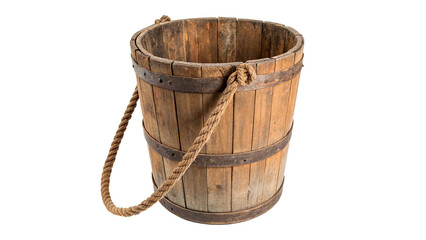 Old rustic wooden bucket container with rope handle fixture, isolated on transparent background. © Rory Robinson