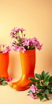 Pink flowers in orange wellington boots on cream background, contrasting, get well soon