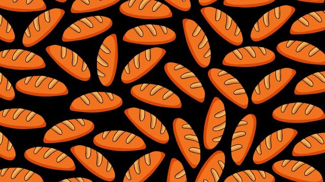 A vibrant seamless pattern of orange bread loaves on a black background