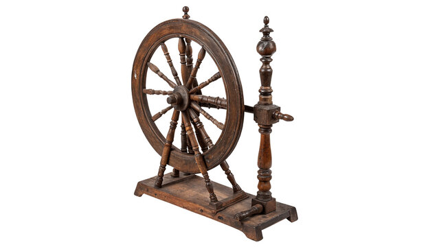 Vintage wooden spinning wheel traditional textile handicraft tool, isolated on transparent background.