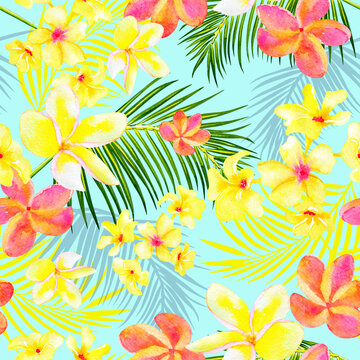 Tropical paradise plants and flowers seamless pattern. Hawaiian beach print. Exotic background