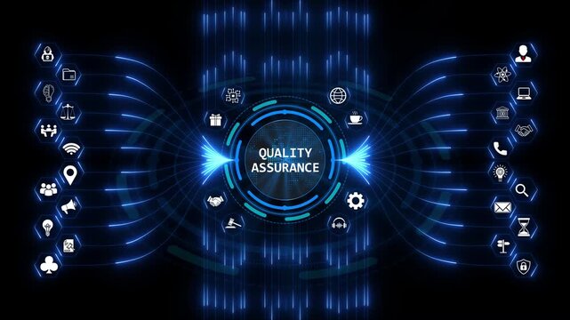 Quality assurance system hud interface with glowing blue futuristic icons representing quality control standards and business management processes.