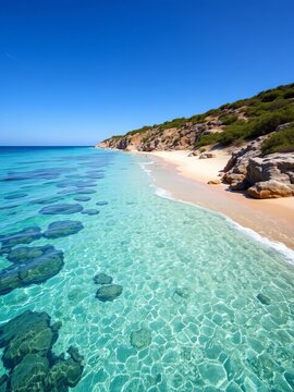 Sandy shoreline stretches out along crystal-clear waters, sunlight, beach