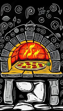 Scratch board illustration of a pizza oven with engravings, rustic, vintage