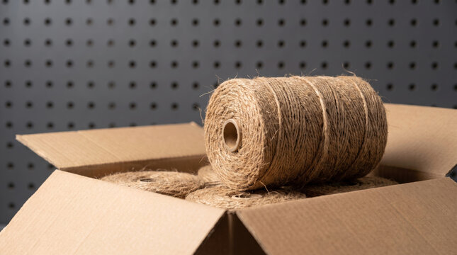 Cardboard package shipping sustainable retail with natural twine for reuse. Small business commerce renewable cardboard box parcel delivery logistic distribution recycling conservation