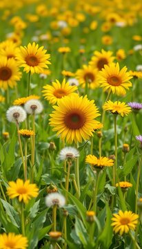 Vibrant green field with sunflowers and dandelions blooming, nature, outdoor