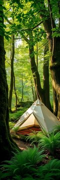 Tent nestled among ferns, moss-covered tree trunks, and soft sunlight filtering through leaves, greenery, wilderness
