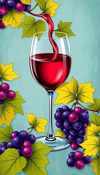 Vintage-inspired illustration of a wine glass with grapes and leaves, grape, vine