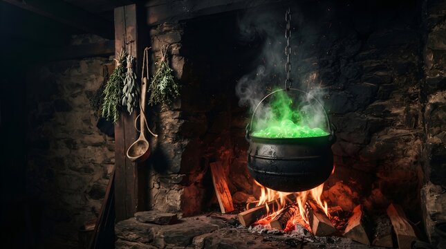 Black iron cauldron with glowing green brew over fire in stone hearth with dried herbs and steam