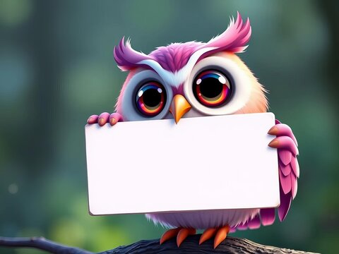 Whimsical owl cartoon holding a blank sign, looking up with big round eyes and soft feathers, nature, colorful artwork