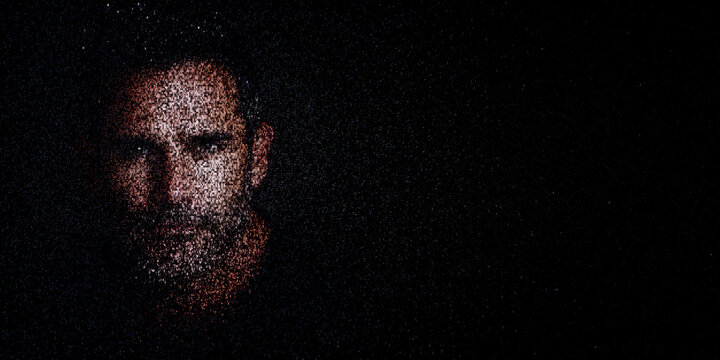 Digital ID Portrait of Australasian Man with Face made up of Data. Fraud detection Concept with copy-space.
