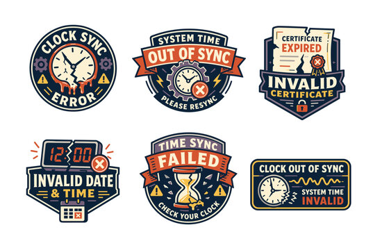 System time sync failed and invalid certificate vintage badges set: vector clock resync emblems, melting dial, shattered hourglass, broken digital timer, and waveform error stickers