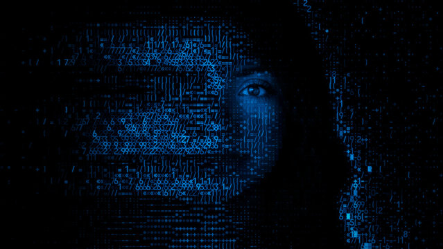 Woman's Face formed from Machine Data. Cyber Security Concept.