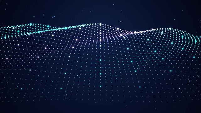 Futuristic digital particle wave flowing over dark blue background with glowing cyan and white dots forming modern cybernetic grid mesh for big data computing technology presentation footage