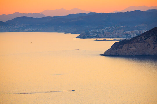 Panoramic Sunset Coastal View of Benidorm Bay and Distant Mountains