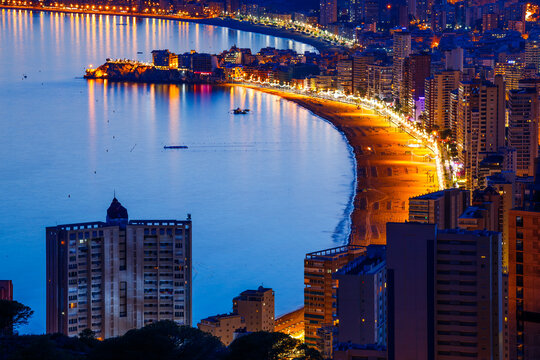 Panoramic Night View of Levante Beach Coastline in Benidorm