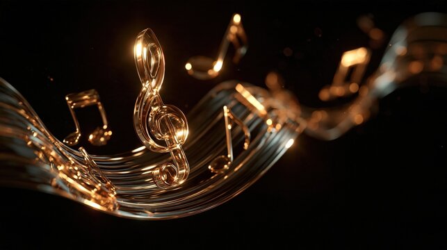 Glossy Gold Musical Notes on a Swirling Staff