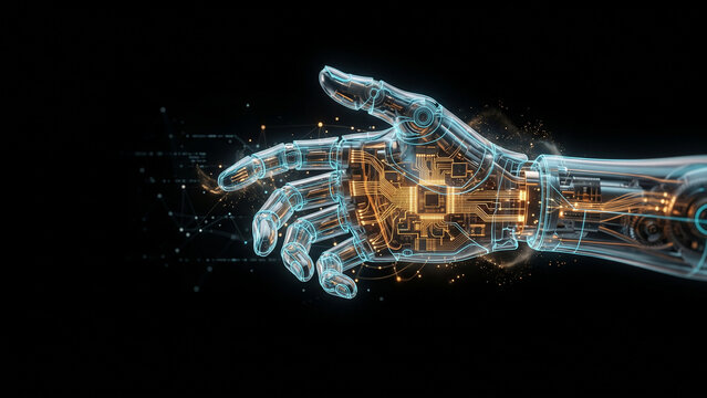 Digital Holographic Hand with AI Neural Network Connections on Dark Background with Copy Space