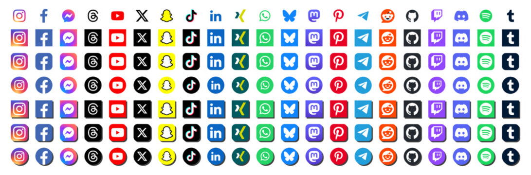 Set of modern social media icons 2026, 2027. Social network vector symbols collection with shadows.