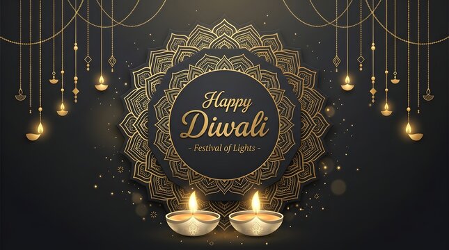 Happy Diwali festival of lights greeting card with golden mandala and